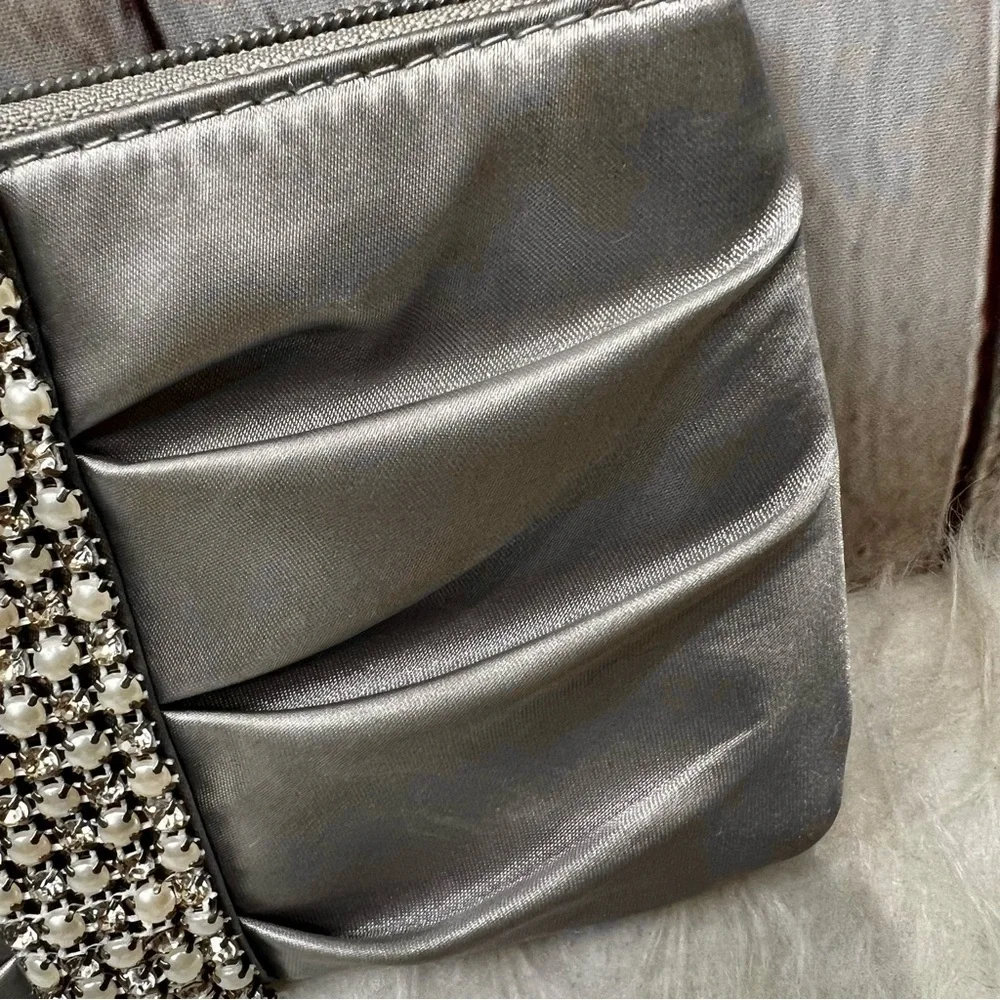 RSVP Charming Charlie Clutch Purse Silver Satin Rhinestone Pearl Wristlet Glam